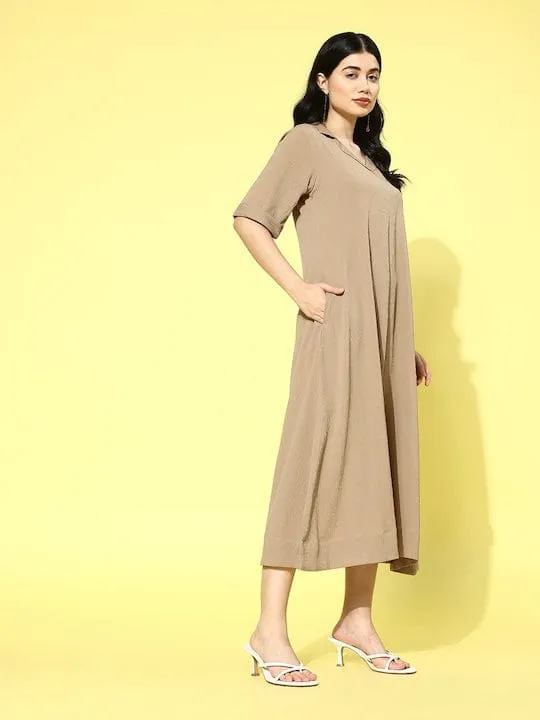 Varanga Women Beige Shirt Collar A Line Dress