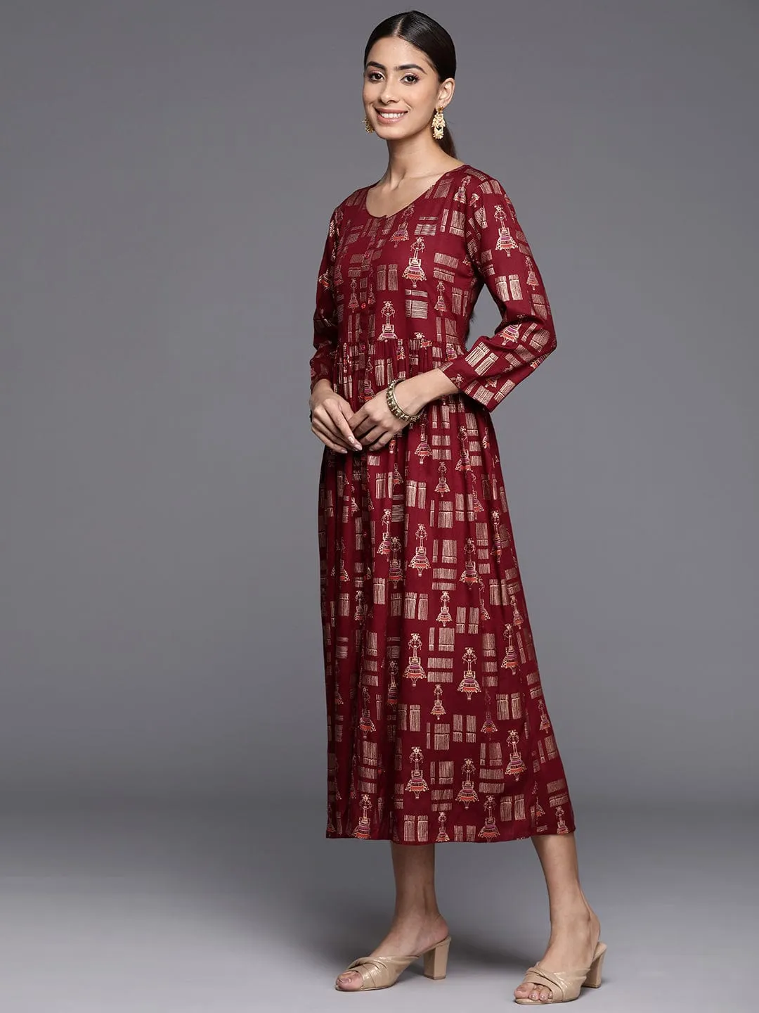 Varanga Women Maroon A Line Dress With Round Neck Vdrs41105