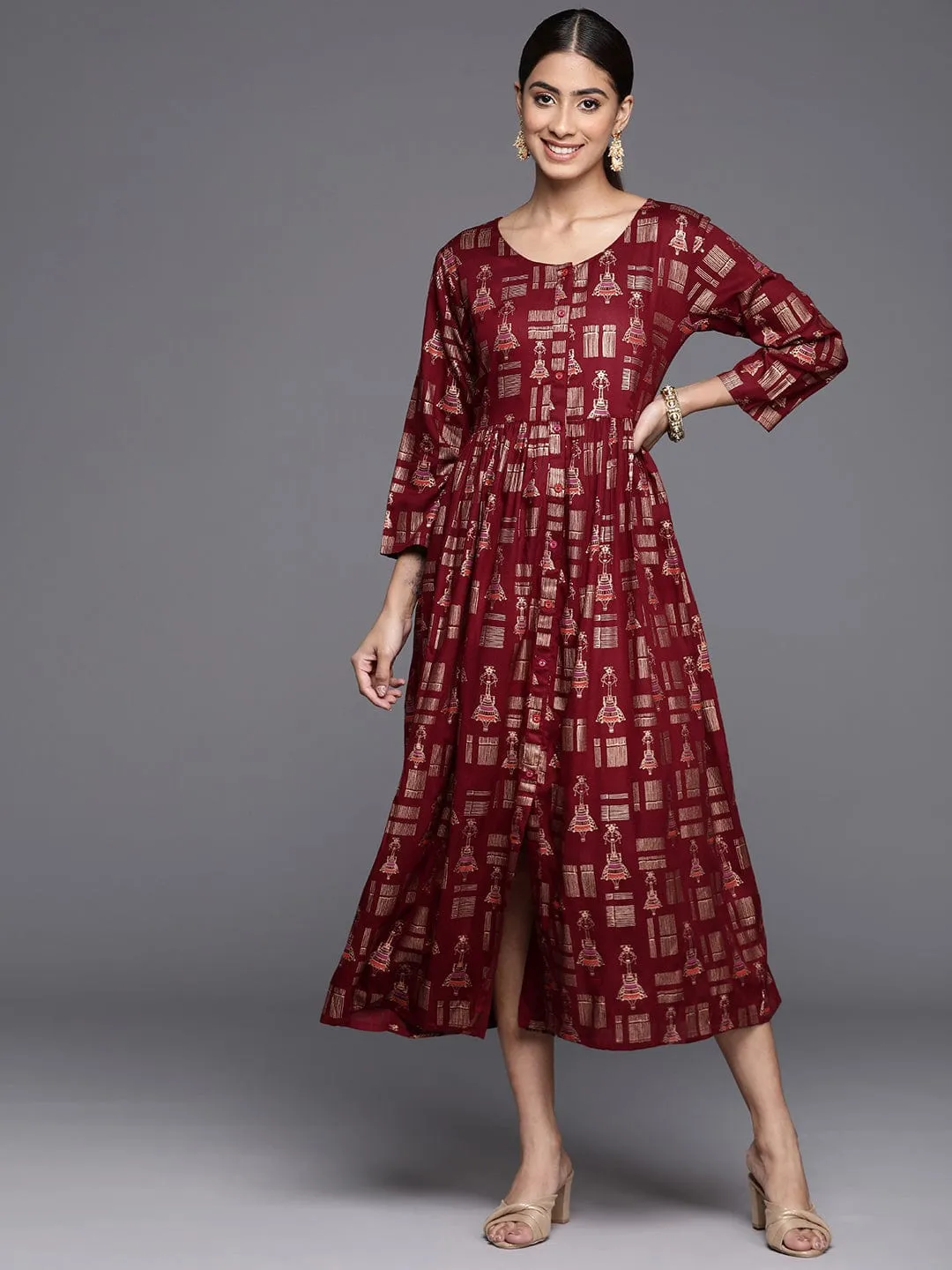 Varanga Women Maroon A Line Dress With Round Neck Vdrs41105