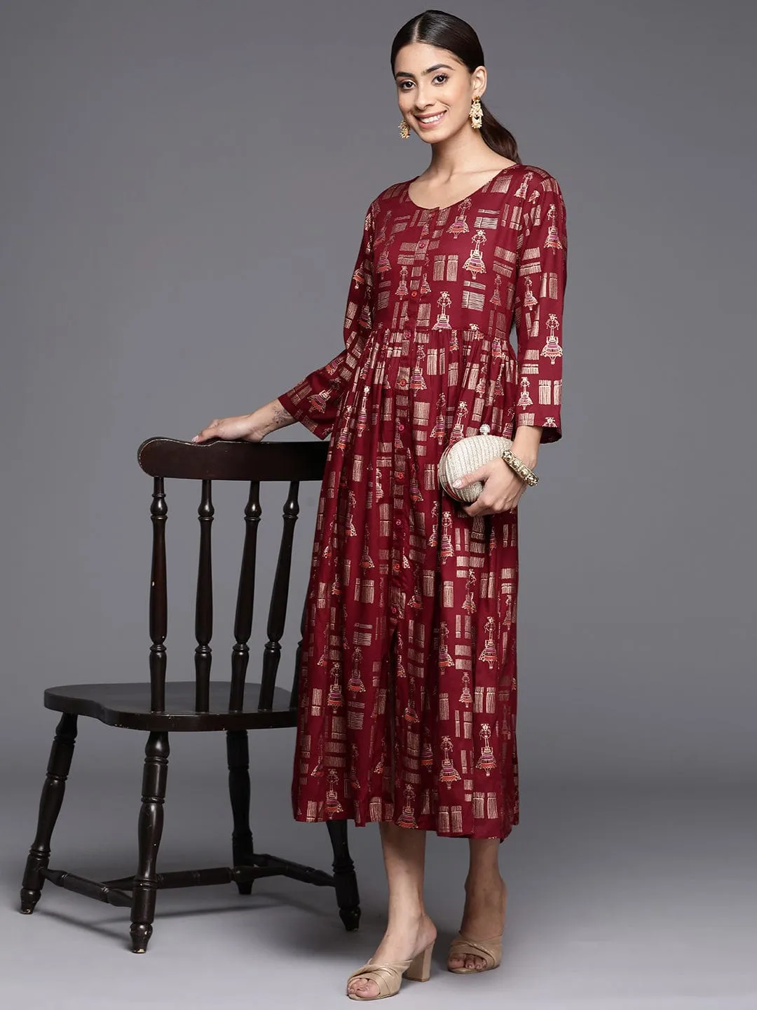 Varanga Women Maroon A Line Dress With Round Neck Vdrs41105