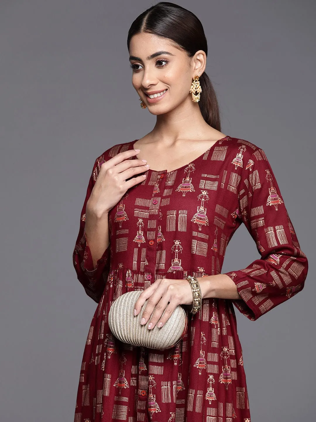 Varanga Women Maroon A Line Dress With Round Neck Vdrs41105