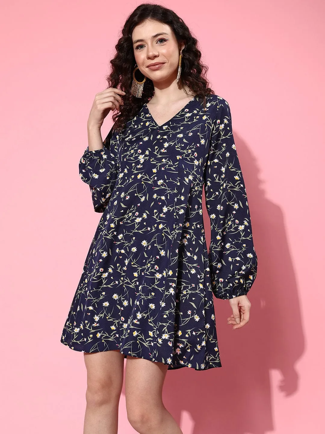 Varanga Women Navy Blue Floral Printed V Neck A Line Dress Flared Hem