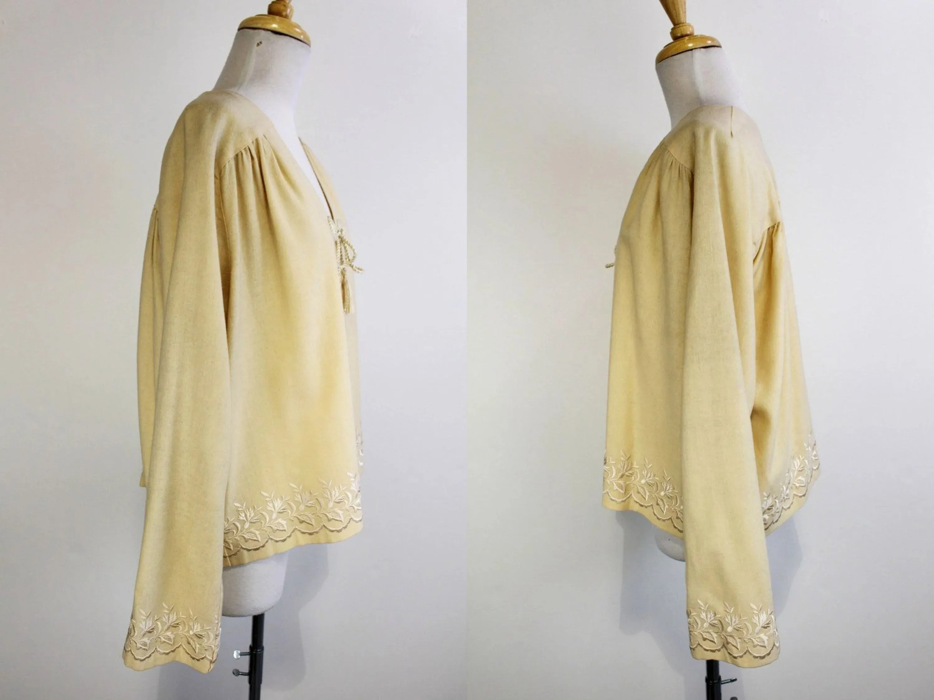 Vintage 1950s Cream Embroidered Wool Open Topper/Dress Jacket, Large