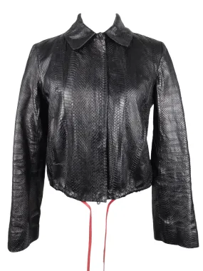 Vintage 2000s Y2K Soft Grunge Gothic Moto Rocker Style Black Snakeskin Collared Zip Up Leather Jacket with Drawstring Detail