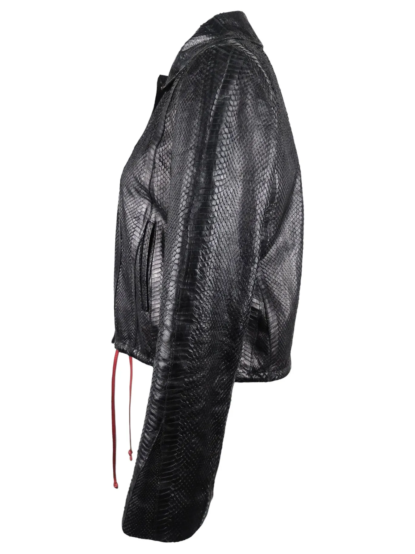 Vintage 2000s Y2K Soft Grunge Gothic Moto Rocker Style Black Snakeskin Collared Zip Up Leather Jacket with Drawstring Detail