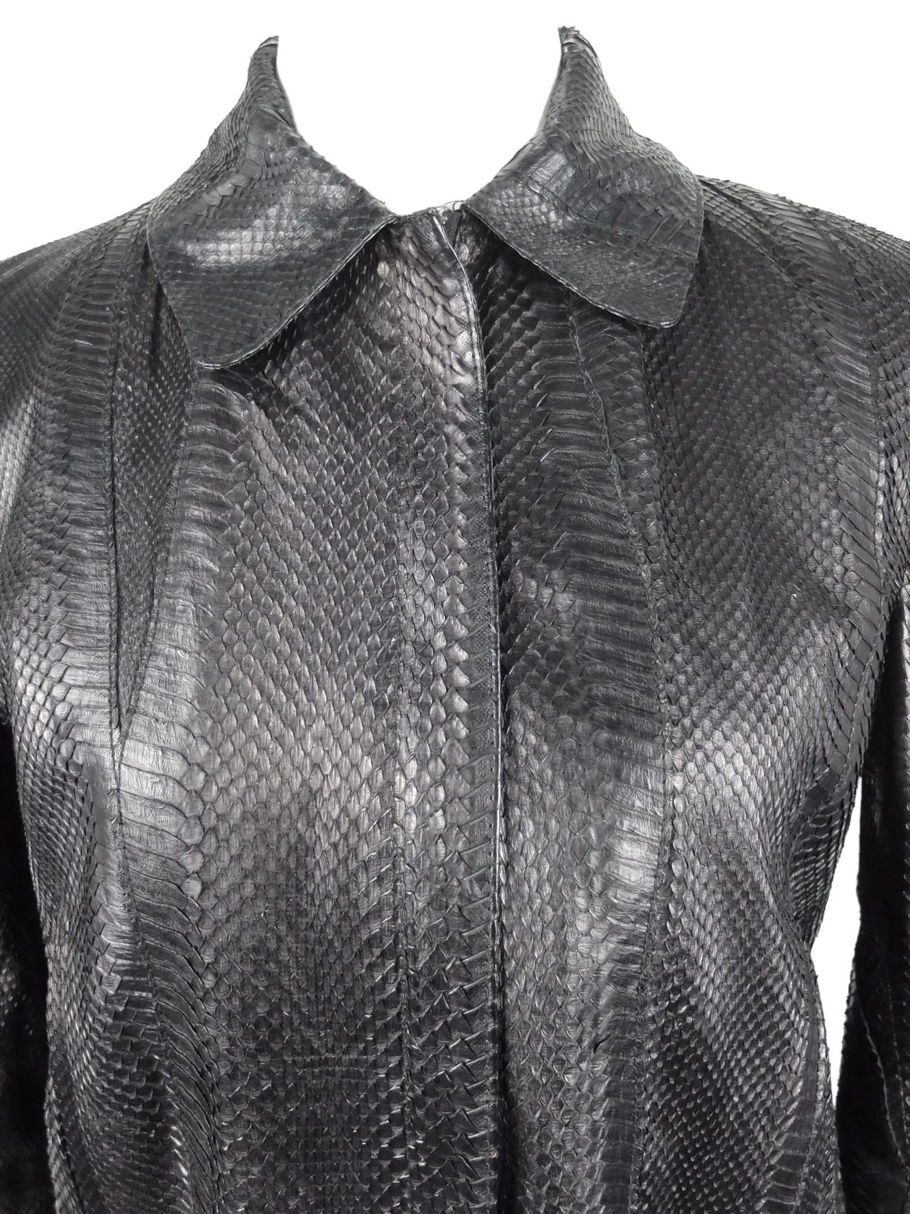 Vintage 2000s Y2K Soft Grunge Gothic Moto Rocker Style Black Snakeskin Collared Zip Up Leather Jacket with Drawstring Detail