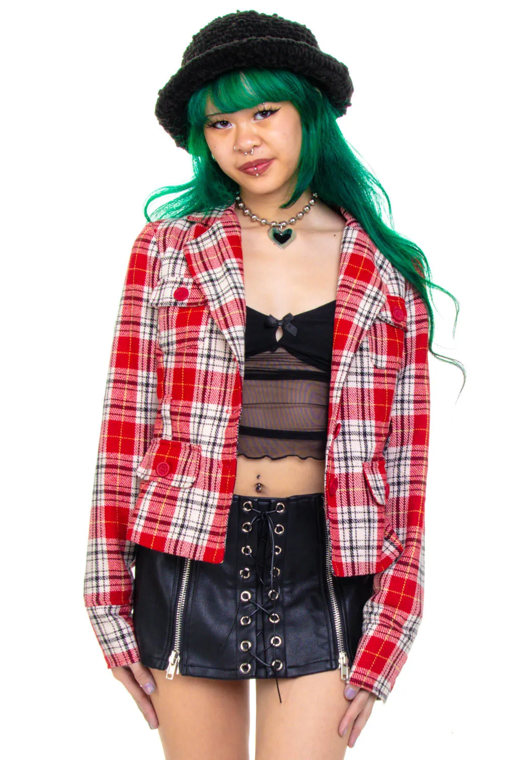 Vintage Y2K Red Plaid Crop Button Jacket - XS/S