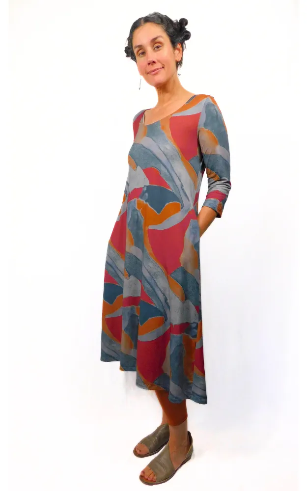 Viscose Print 3/4 Sleeve Long Tunic Dress w Pockets - Fall Print