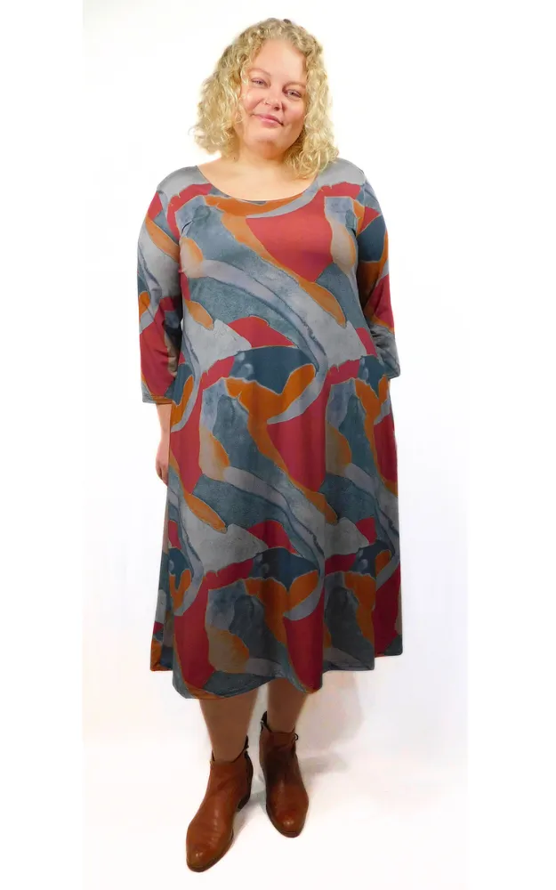 Viscose Print 3/4 Sleeve Long Tunic Dress w Pockets - Fall Print