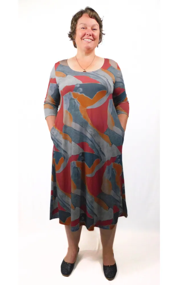 Viscose Print 3/4 Sleeve Long Tunic Dress w Pockets - Fall Print