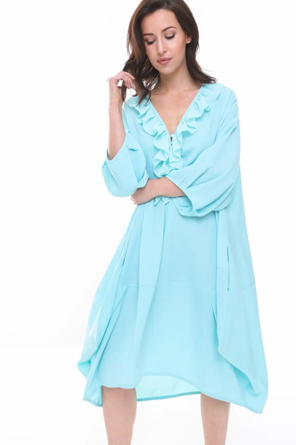 Waterfall Ruffle Detail Front Oversized Floaty Maxi Dress