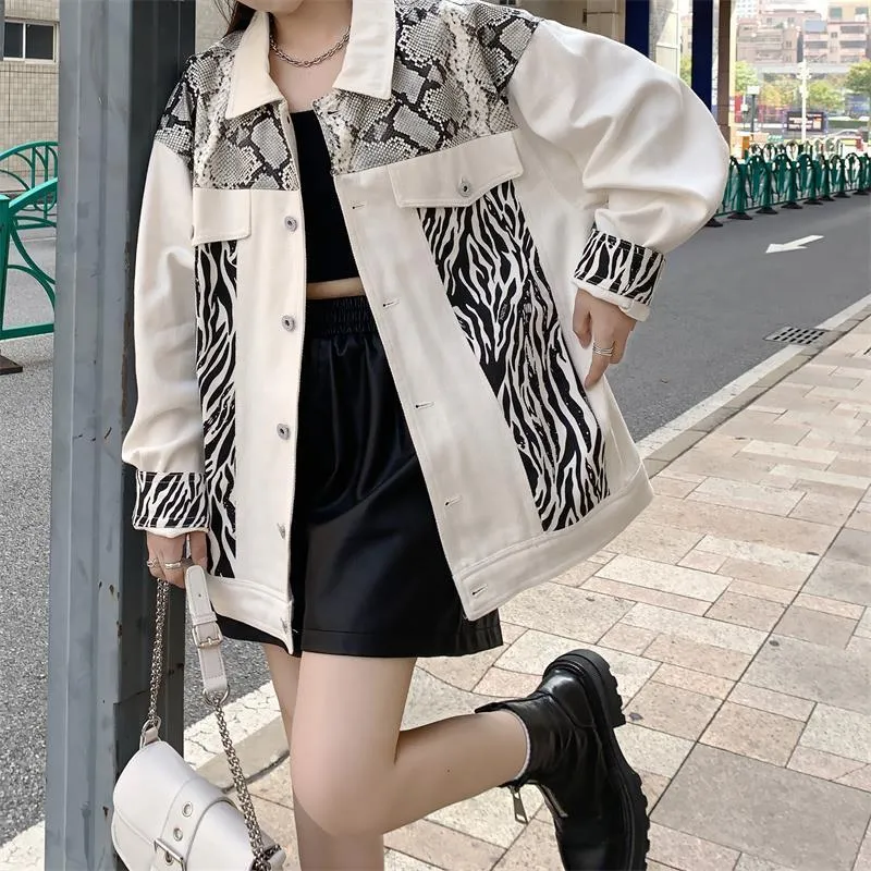 Wenkouban Zebra Patchwork Jacket Women Hip Hop Streetwear Oversized Jackets Grunge Clothing Korean Harajuku Loose Outerwear Female Tops