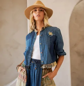 Western Boho Chic: Patchwork Cropped Denim Jacket