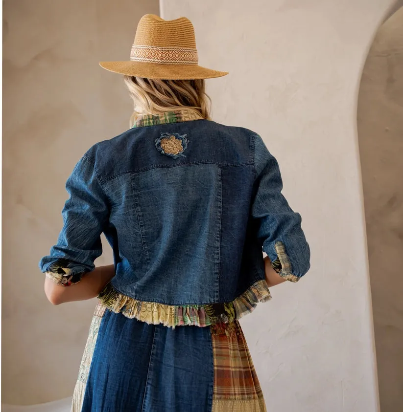 Western Boho Chic: Patchwork Cropped Denim Jacket