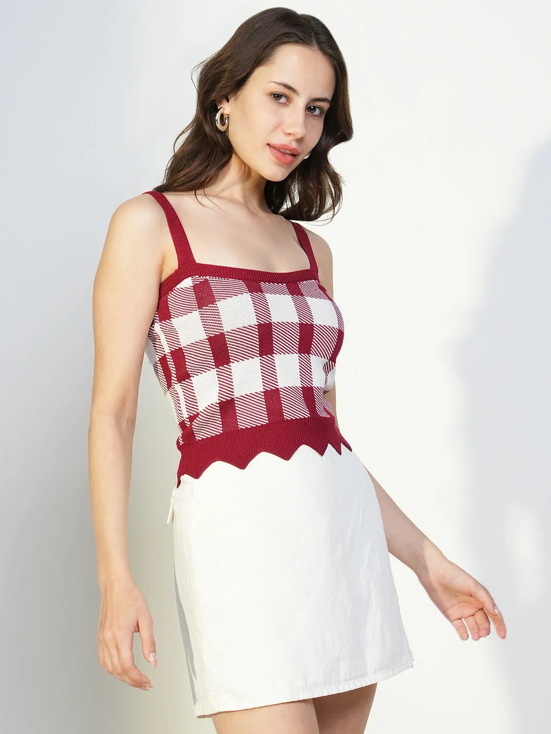 Women Red Checked Crop Top