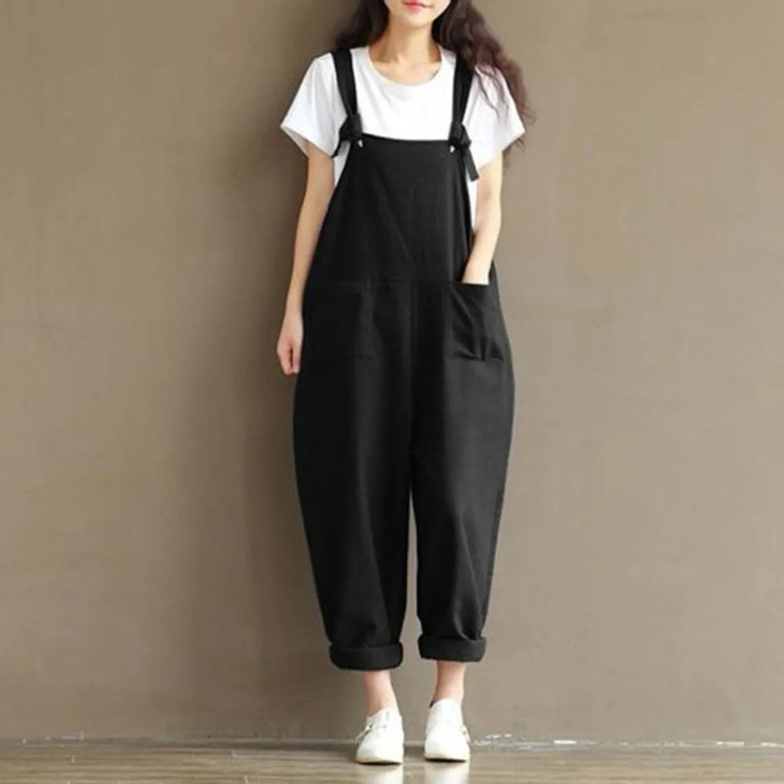 Womens Loose Fitting Minimalist Elegant Cotton Overalls With Pocket