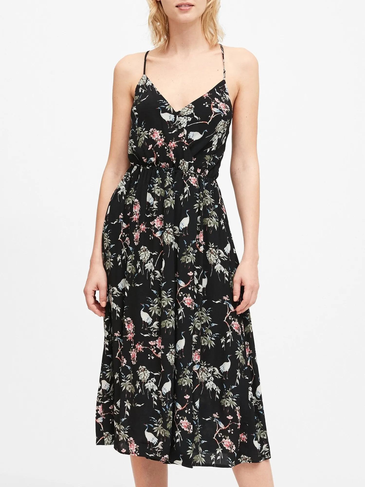 Wrap-Effect Midi Dress in Black Floral