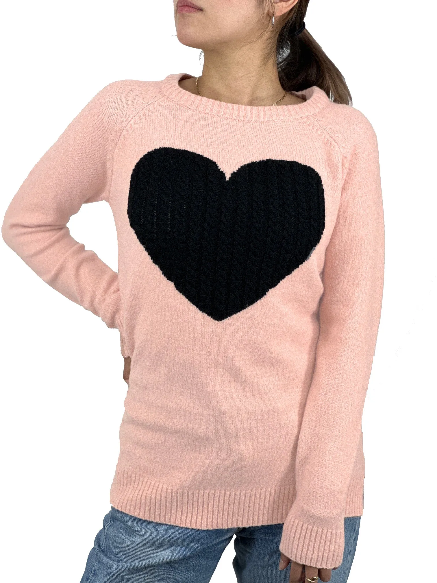 YEMAK Women's Pullover Sweater Long Sleeve Crewneck Heart Knitted Top Sweaters MK8236 (S-L)