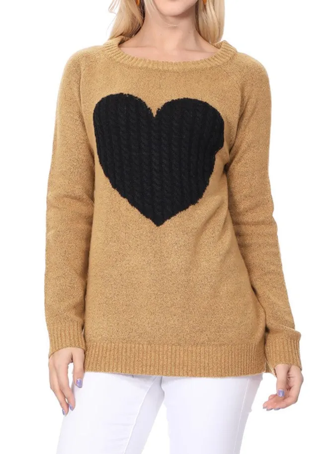 YEMAK Women's Pullover Sweater Long Sleeve Crewneck Heart Knitted Top Sweaters MK8236 (S-L)