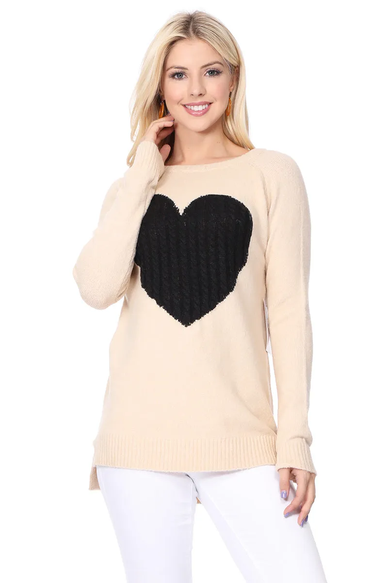 YEMAK Women's Pullover Sweater Long Sleeve Crewneck Heart Knitted Top Sweaters MK8236 (S-L)